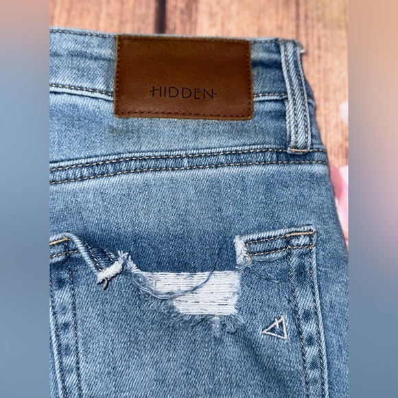 Hidden Blue Distressed Flare Jeans with Leather Patch and slit - Picture 3 of 10